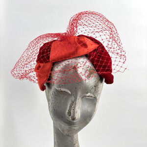 Vintage 1950s Red Cocktail Hat Veil Bow Tilt Fascinator Original Tag
